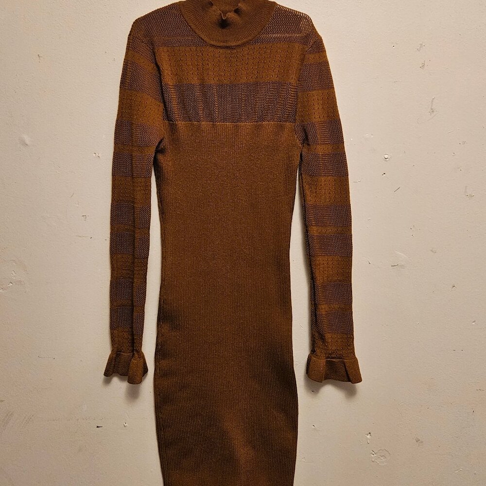 WOMENS RETRO CHOCOLATE BROWN LONGSLEEVE BODY CON DRESS